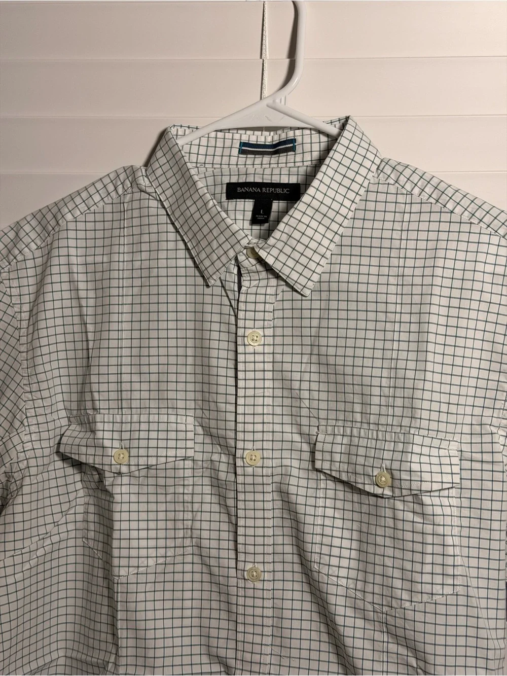 Banana Republic White Button-Down Short Sleeve Shirt with Black Grid